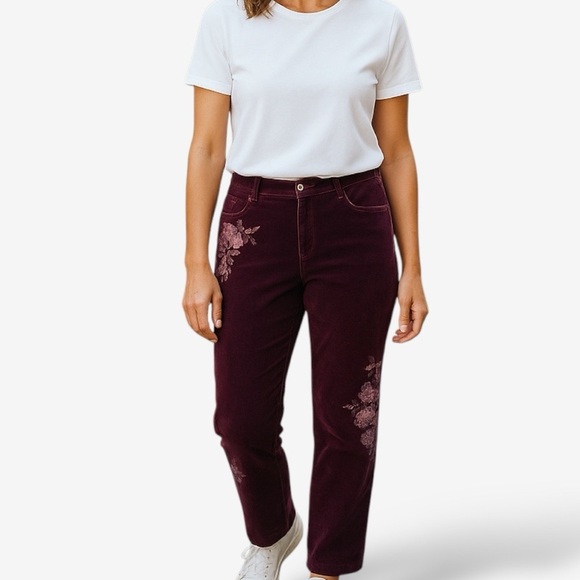 Sundance | Burgundy Boho Velvet Floral Embroidered Straight Leg Pants Size 32/14 - Picture 1 of 11